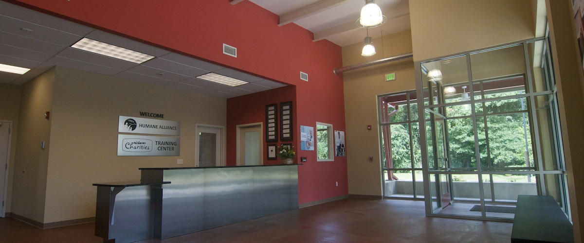 A red room with two lights and a glass door.